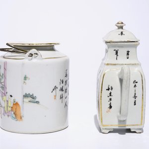 Een Chinese qianjiang cai theepot en een wijnkan, 19/20e eeuw — foto 3