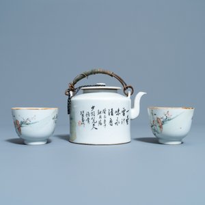 Een Chinese qianjiang cai theepot en twee koppen en schotels, 19/20e eeuw — foto 6