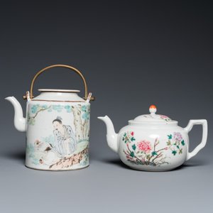 Een Chinese qianjiang cai theepot, gesigneerd Lin Jinshan 林謹善 en gedateerd 1887 en een famille rose theepot, Guangxu merk en periode — foto 2