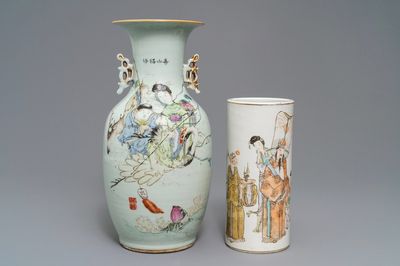 Een Chinese qianjiang cai vaas en een hoedensteun, 19/20th C.