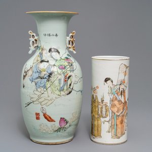 Een Chinese qianjiang cai vaas en een hoedensteun, 19/20th C. — foto 1
