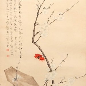 Een Chinese rolschildering op papier met vlinders en bloesems, gesign. Yu Fei'an (1888-1959) — foto 1