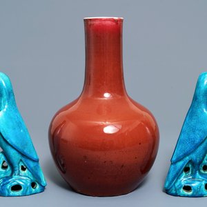 Een Chinese sang de boeuf flesvormige vaas en een paar turquoise papegaaien, 19/20e eeuw — foto 3