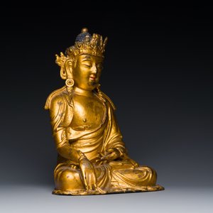 Een Chinese vergulde bronzen sculptuur van Shakyamuni Boeddha, 15/16e eeuw — foto 5