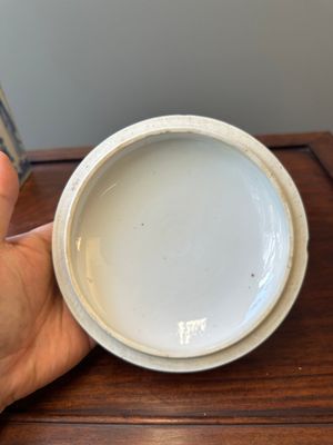 Een Chinese vierkante blauw-witte fles met 'Lange Lijzen' en een dekselkom, Kangxi — foto 7