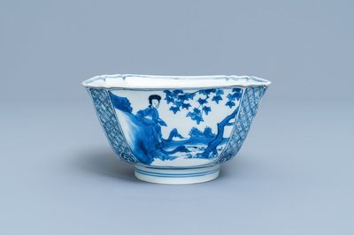 Een Chinese vierkante blauw-witte kom, Chenghua merk, Kangxi
