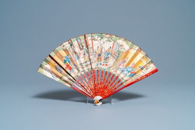 Een Chinese waaier in beschilderd papier en gelakt hout, 18/19e eeuw