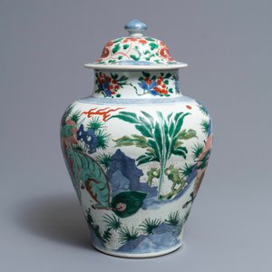 Een Chinese wucai dekselvaas met decor van mythische dieren, Transitie periode — foto 3