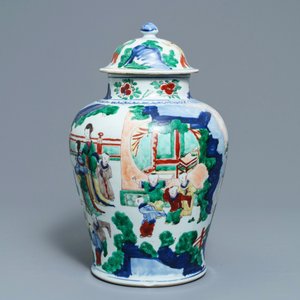 Een Chinese wucai dekselvaas met figuren in een tuin, zegelmerk, Transitie periode — foto 3