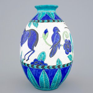 Een craquelé glazuur vaas met decor van vogels, Charles Catteau, Boch Kéramis, 1e helft 20e eeuw — foto 3