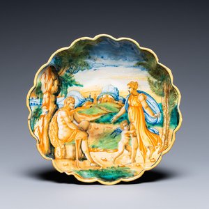 Een crespina in Italiaanse majolica met Hercules en Omphale, Urbino, 16e eeuw — foto 1