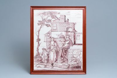 Een Delfts mangaan tegeltableau: 'Abraham stuurt Hagar en Ismael weg', Aalmis, Rotterdam, 18e eeuw