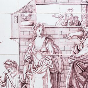 Een Delfts mangaan tegeltableau: 'Abraham stuurt Hagar en Ismael weg', Aalmis, Rotterdam, 18e eeuw — foto 2