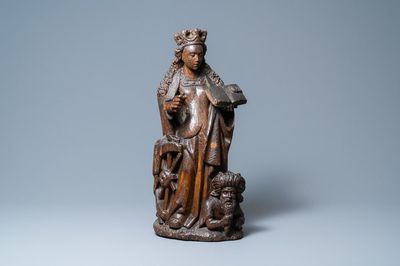 Een eikenhouten figuur van Sint-Catharina van Alexandrië, Boven-Rijngebied, Duitsland, ca. 1520