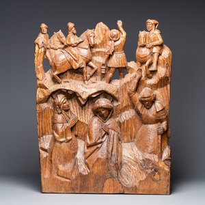 Een eikenhouten retabelfragment: 'Romeinse soldaten op de berg Golgotha', Vlaanderen, ca. 1500 — foto 1