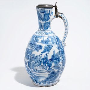 Een erg grote getorste blauw-witte Delftse chinoiserie kan met Antwerps tinnen deksel, 17e eeuw — foto 2