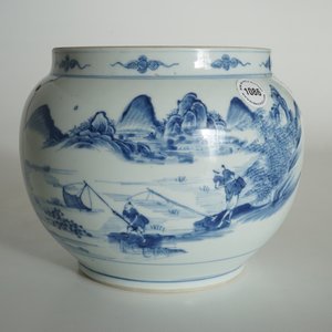 Een fijne Chinese blauwwitte bolle pot met figuren in een landschap, Kangxi — foto 7