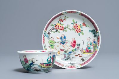 Een fijne Chinese famille rose kop en schotel met rivierscène, Yongzheng