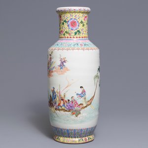 Een fijne Chinese famille rose rouleau vaas, Qianlong merk, Republiek, 20e eeuw — foto 3