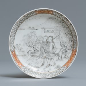 Een fijne Chinese grisaille kop en schotel met Europese edellieden, Yongzheng — foto 2