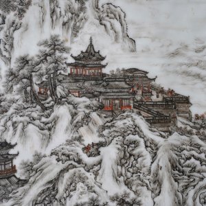 Een fijne Chinese grisaille 'winterlandschap' plaquette in houten tafelscherm, Republiek, 20e eeuw — foto 17