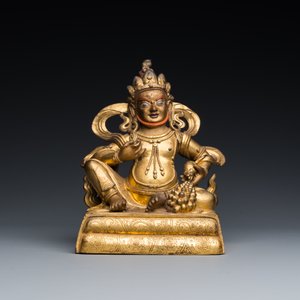 Een fijne Sino-Tibetaanse vergulde bronzen sculptuur van Jambhala, 18e eeuw — foto 2
