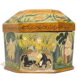 Een fraaie papier maché dekseldoos met jachtscènes, Qajar, Iran, 19e eeuw — foto 5