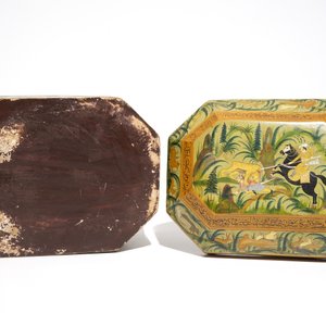 Een fraaie papier maché dekseldoos met jachtscènes, Qajar, Iran, 19e eeuw — foto 7
