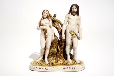 Een Franse faïence groep van Adam en Eva in het paradijs, Dinan, 19e eeuw