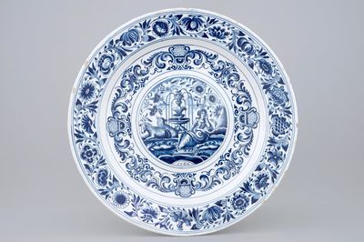 Een gedateerde blauw-witte schotel met pastorale scène, Harlingen, Friesland, 1760