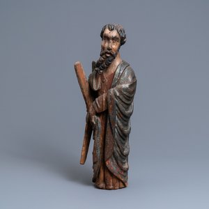 Een gepolychromeerde eikenhouten figuur van Sint-Andreas, Normandië, Frankrijk, eind 15e eeuw — foto 1