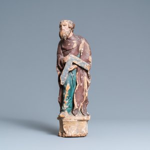 Een gepolychromeerde eikenhouten figuur van Sint-Thomas op een basis met wapenschild, Normandië, Frankrijk, ca. 1510 — foto 2