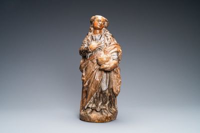Een gepolychromeerde zandstenen figuur van Sint-Lucia, Frankrijk, 1e helft 16e eeuw