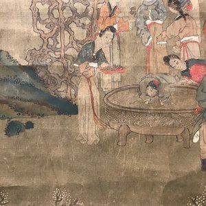 Een gesigneerde Chinese rolschildering op zijde met een tuinscène, 18/19e eeuw — foto 14