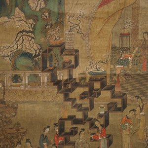 Een gesigneerde Chinese rolschildering op zijde met een tuinscène, 18/19e eeuw — foto 3