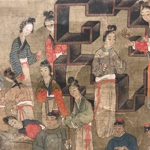 Een gesigneerde Chinese rolschildering op zijde met een tuinscène, 18/19e eeuw — foto 38
