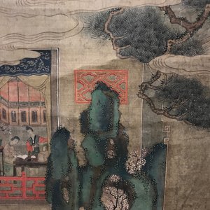 Een gesigneerde Chinese rolschildering op zijde met een tuinscène, 18/19e eeuw — foto 9