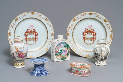 Een gevarieerde collectie Chinees blauwwit en famille rose export porselein, Kangxi/Qianlong
