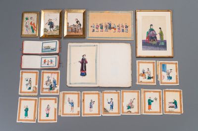 Een gevarieerde verzameling Chinese rijstpapier schilderingen met figuren, Canton, 19e eeuw