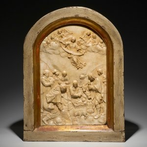 Een groot albasten reliëf met decor "De aanbidding van de herders", monogram IB, mog. Mechelen, 17e eeuw — foto 1