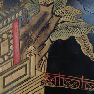 Een groot Chinees houten scherm met een ronde famille verte plaquette en polychroom lakwerk, 19e eeuw — foto 22