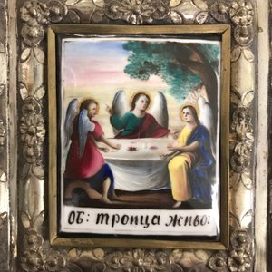 Een groot Russisch verzilverd koperen icoon met porseleinen plaquettes, 19e eeuw — foto 13
