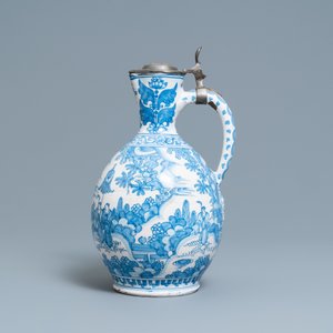 Een grote blauw-witte Delftse chinoiserie kan met tinnen deksel, 17e eeuw — foto 2