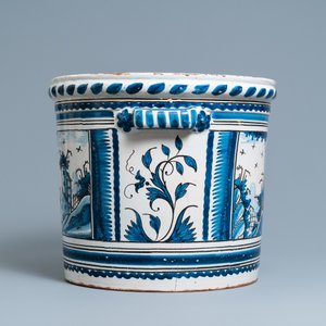 Een grote blauw-witte en mangane jardinière met een landschap, Nevers, Frankrijk, 18e eeuw — foto 3