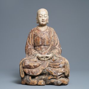 Een grote Chinese beschilderd houten figuur van een Boeddhistische monnik, Ming — foto 2