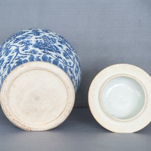 Een grote Chinese blauw-witte dekselvaas met floraal decor, Kangxi — foto 9
