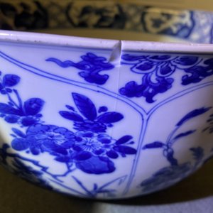 Een grote Chinese blauw-witte kom met florale vakverdeling, Kangxi — foto 8
