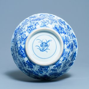 Een grote Chinese blauw-witte kom met florale vakverdeling, Kangxi — foto 8