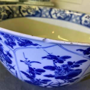 Een grote Chinese blauw-witte kom met florale vakverdeling, Kangxi — foto 7