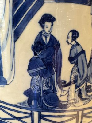 Een grote Chinese blauw-witte rouleauvaas met 'Guo Ziyi 郭子儀拜壽' decor, Kangxi — foto 28